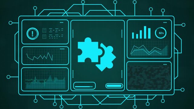 Abstract digital interface showing glowing puzzle pieces fitting together, representing technology and data integration