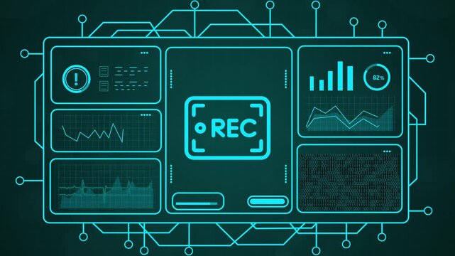 Digital HUD interface with glowing blue REC symbol, data charts, and network lines. Futuristic technology screen.
