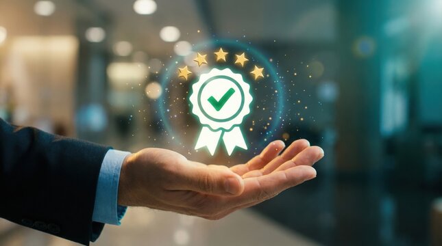 Quality Assurance: A close-up of a hand supporting a badge featuring a checkmark and stars, symbolizing quality assurance and customer satisfaction.