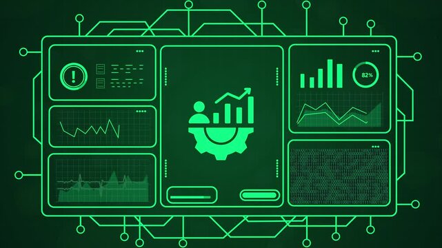 Digital futuristic dashboard with graphs and analytics, glowing green interface with user icon and gear.