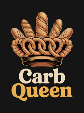A stylized crown made of different types of bread, including baguettes and rolls.  'Carb Queen' is displayed in bold lettering.