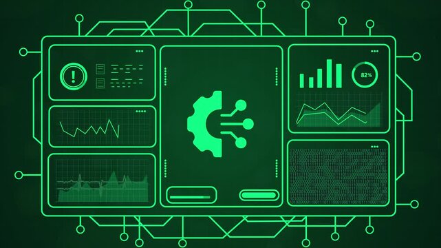 Futuristic digital interface with glowing green data charts, graphs, and gear icon