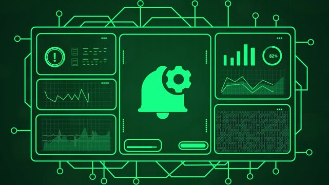 Digital interface displays a glowing green notification bell icon with a gear symbol, set against a dark tech background with data charts and circuit lines.
