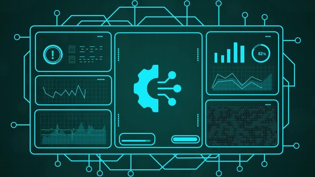 Futuristic digital interface with glowing blue circuit lines and animated data displays, featuring a central gear icon symbolizing technology and progress.