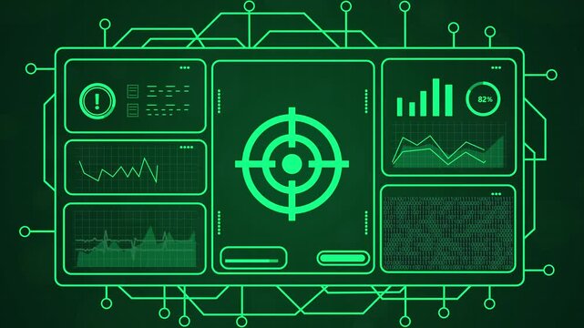 Digital futuristic dashboard with glowing green interface, displaying charts and a central target icon, showcasing data analysis and technological interface