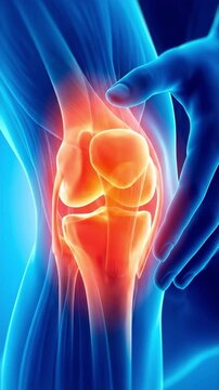 Human knee joint pain with inflammation highlighted in red, touched by a hand, suitable for medical diagnosis, therapy concepts, healthcare promotion, and anatomical study.