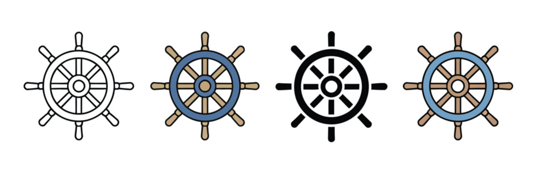 Nautical ship steering wheel icon vector representing marine vessel helm and sea navigation controller symbol illustration