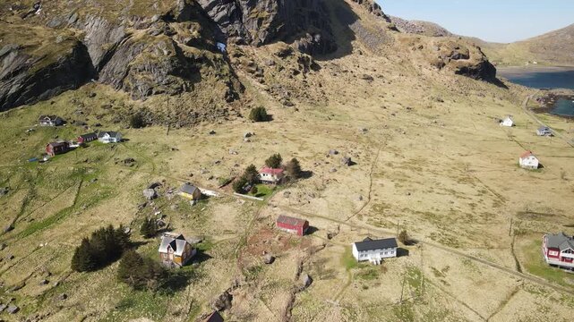 Aerial images of Vindstad in Lofoten, Norway, drone footage, 4k 30fps