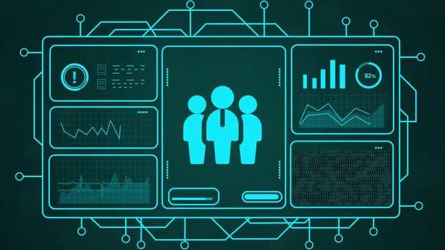 4k motion graphic of teamwork and business analytics with glowing blue interface and human icons