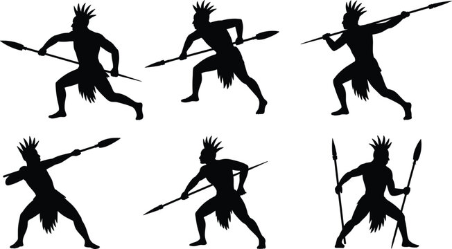 Set of black silhouettes showing tribal warriors or indigenous hunters with spears and feathered headdresses in various action poses for historical and cultural designs.