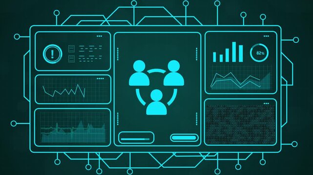 4k motion footage of futuristic ai teamwork dashboard with data analytics and cyber network