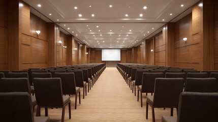 Fototapeta premium Empty modern conference hall with rows of chairs facing a projection screen
