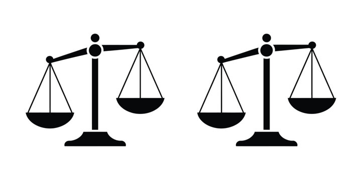 Scale and balance icons illustrating weight comparison on libra of justice symbol for legal judge attorney lawsuit and sentence