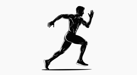 Obraz premium A black silhouette of a man running in a dynamic pose with a white background in white background.