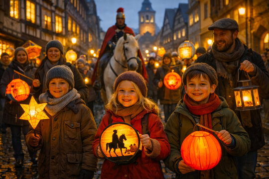 Kinder und Erwachsene beim stimmungsvollen Laternenumzug in historischer Altstadt, warme Lichter, Herbstabend, Tradition und Gemeinschaft.