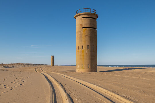 The two twin watchtowers at Gordon's Pond Beach in Cape Henlopen State Park in Rehoboth Beach, Delaware
