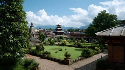 Obraz premium A serene temple complex with a green courtyard and traditional tiered architecture under a bright sky