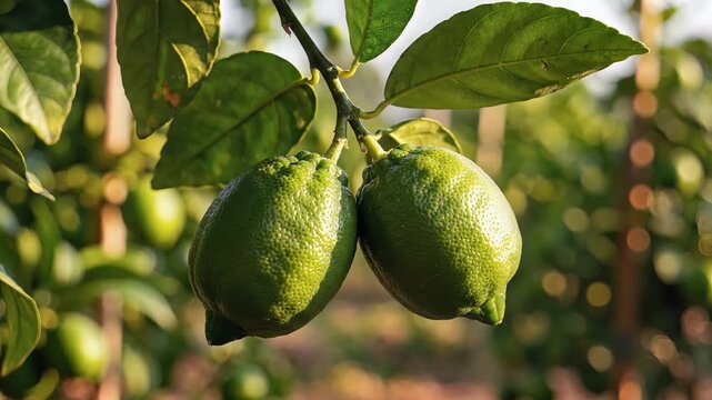 Closeup of unripe green lemons growing on a tree branch.