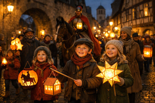 Kinder und Erwachsene beim stimmungsvollen Laternenumzug in historischer Altstadt, warme Lichter, Herbstabend, Tradition und Gemeinschaft.