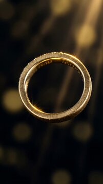 Close-up of a gold diamond ring floating in mid-air with sparkling light reflections
