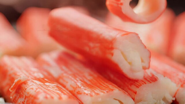 Closeup of Delicious Imitation Crab Sticks Ready for Culinary Use.