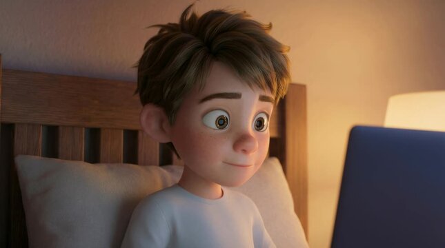 Cinematic close-up of a cartoon boy watching a laptop in bed at night