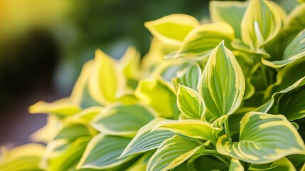 Obraz premium A close-up view of vibrant green and yellow leaves in a lush garden setting with natural light