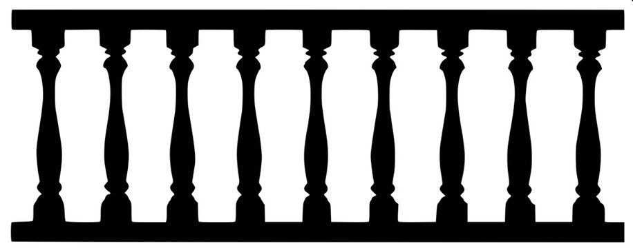 &ldquo;Ornamental balustrade railing silhouette, black solid shape, symmetrical pillars and spindles, minimal detail, white background, clipart style&rdquo;