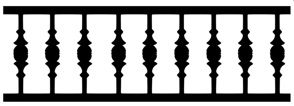 &ldquo;Ornamental balustrade railing silhouette, black solid shape, symmetrical pillars and spindles, minimal detail, white background, clipart style&rdquo;