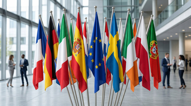 EU member state flags displayed in modern office building  