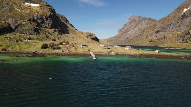 Aerial images of Vindstad in Lofoten, Norway, drone footage, 4k 30fps