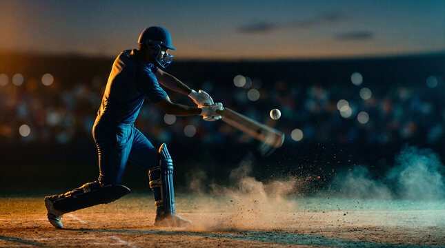Dynamic action shot of a cricket batsman hitting the ball with bat motion blur in stadium
