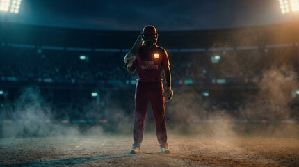 Fototapeta premium Cinematic portrait of a cricket batsman in maroon uniform standing with bat in a dramatic smoky stadium