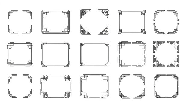 Minimal Chinese frame borders vector set with monoline oriental retro design elements