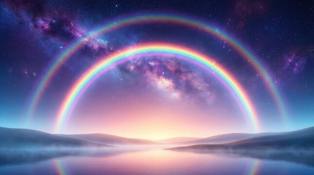 Ethereal double rainbow arches over misty landscape reflecting a vibrant cosmic nebula sky with glowing stars and a soft sunrise glow
