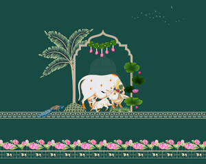 Indian pichwai cow art With Lotus, Ethnic Art, indian Home Decor © Mondal_01