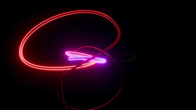 Neon light trails, glowing purple and red lines, abstract motion, dark background
