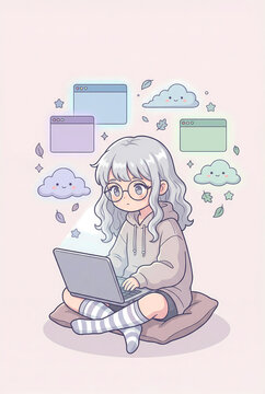 Kawaii girl working from home on laptop, soft pastel aesthetic, freelance digital lifestyle illustration