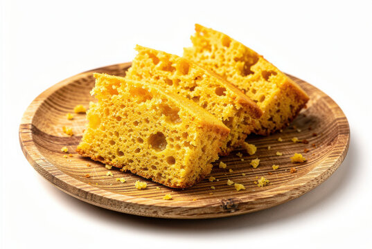 Cornbread on Bamboo Plate 35 Degree Angle Isolated on White Background Studio Image