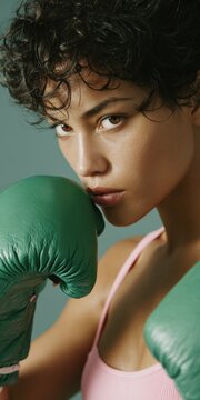 Young caucasian female boxer close portrait with green gloves intense stare beauty athletic confidence pink top studio lighting
