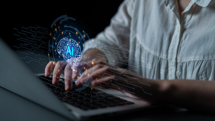 Futuristic artificial intelligence AI brain made of circuit lines. AI deep learning, machine...