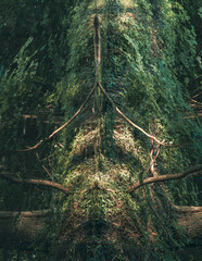 Mistyczna tekstura drzewa pokrytego mchem z efektem symetrii. Artystyczne ujęcie gęstego lasu w ciemnej tonacji. Idealne na tło o tematyce przyrody, ekologii i mrocznego klimatu. © Henryk Niestrój