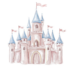 Watercolor fairytale princess castle with pink walls, blue towers, and flags. Magical hand-drawn royal fortress illustration isolated on white for nursery decor, invitations, and kids design © Yuliia