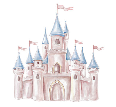 Watercolor fairytale princess castle with pink walls, blue towers, and flags. Magical hand-drawn royal fortress illustration isolated on white for nursery decor, invitations, and kids design