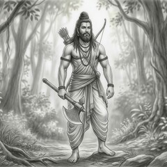 Fototapeta premium Parashurama Forest Scene Pencil Art Axe Spiritual Concept