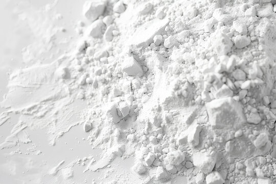 White kaolin clay powder and raw mineral chunks macro texture background
