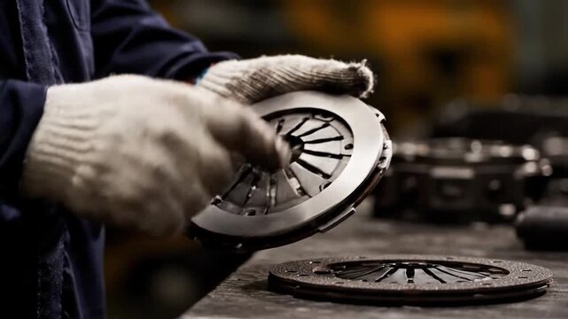 Mechanic's hands holding a clutch plate with pressure plate visible on a workbench in a workshop with blurred background.