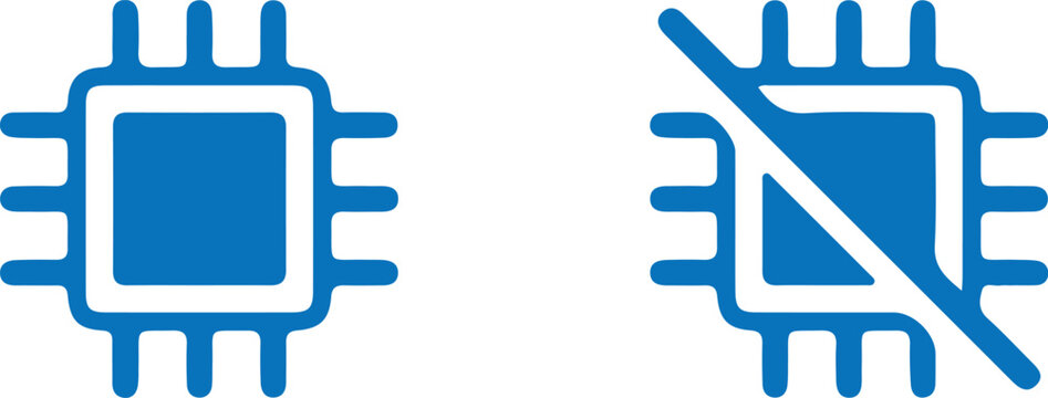 microchip icon set &ndash; flat vector cpu processor enabled and disabled symbols in blue for technology and hardware ui design