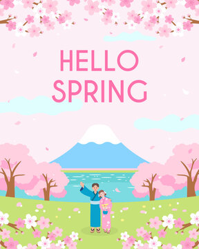 Hello! Spring poster vector illustration. A couple in yukata enjoys the cherry blossom festival.