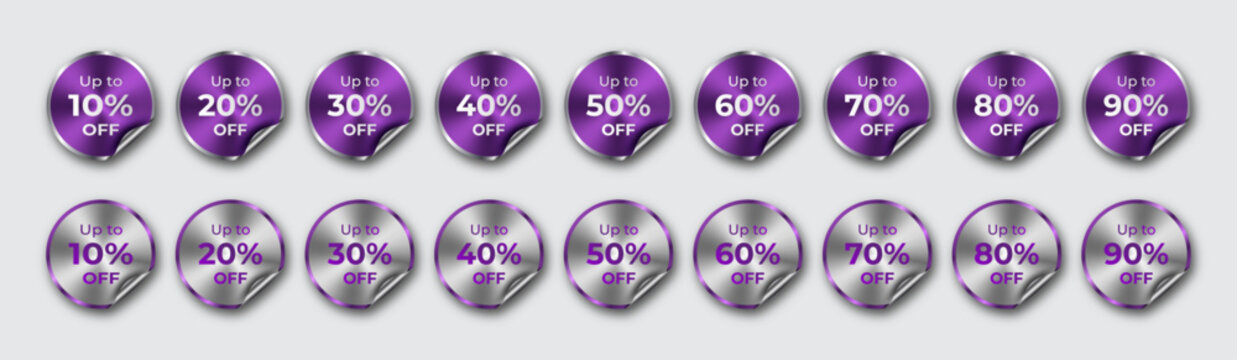 Luxury Silver and Purple Metallic Sale Discount Stickers Set with Peeling Corner Effect, Editable AI file